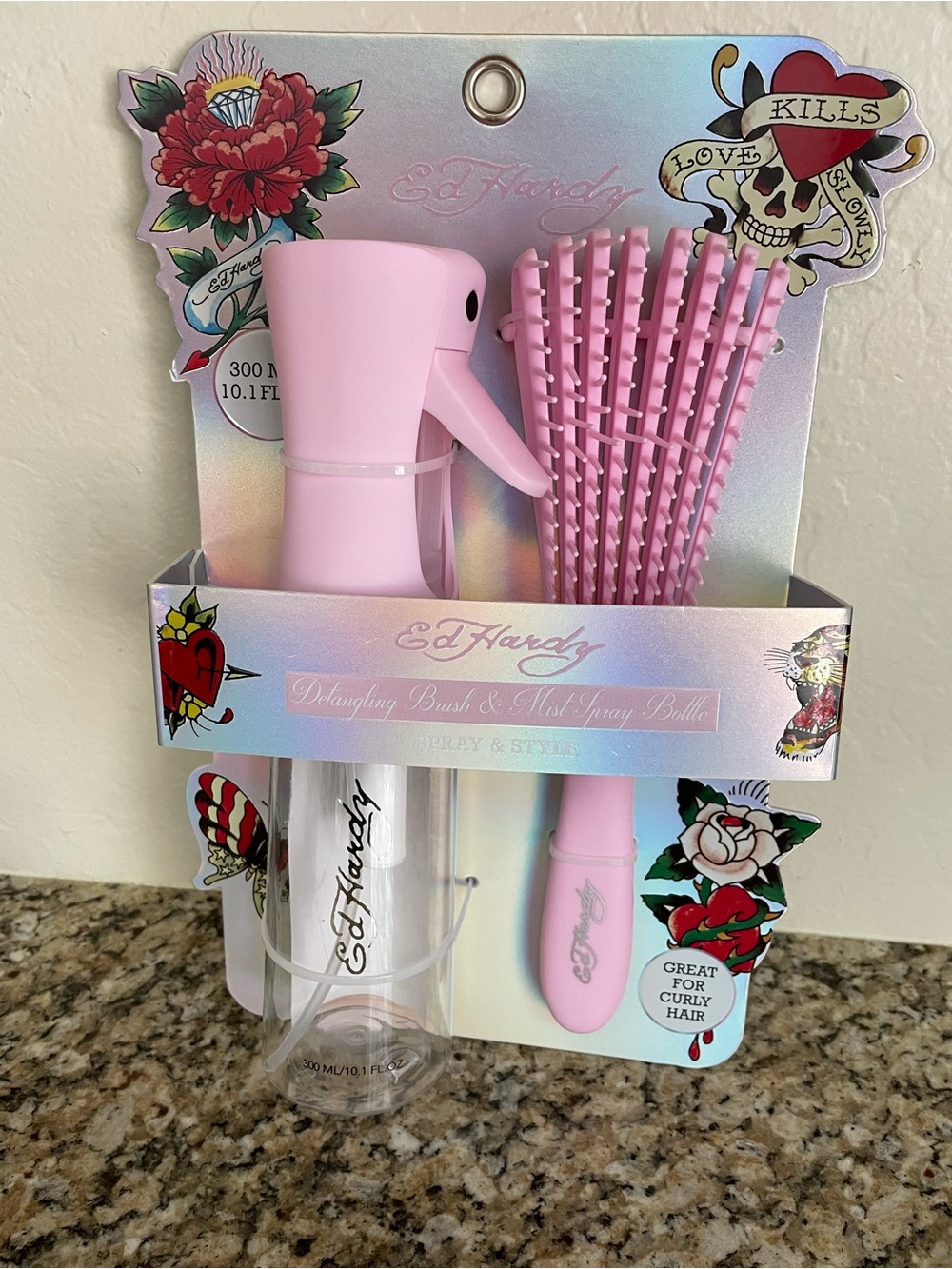 Ed Hardy Pink Detangling Brush & Mist Spray Set